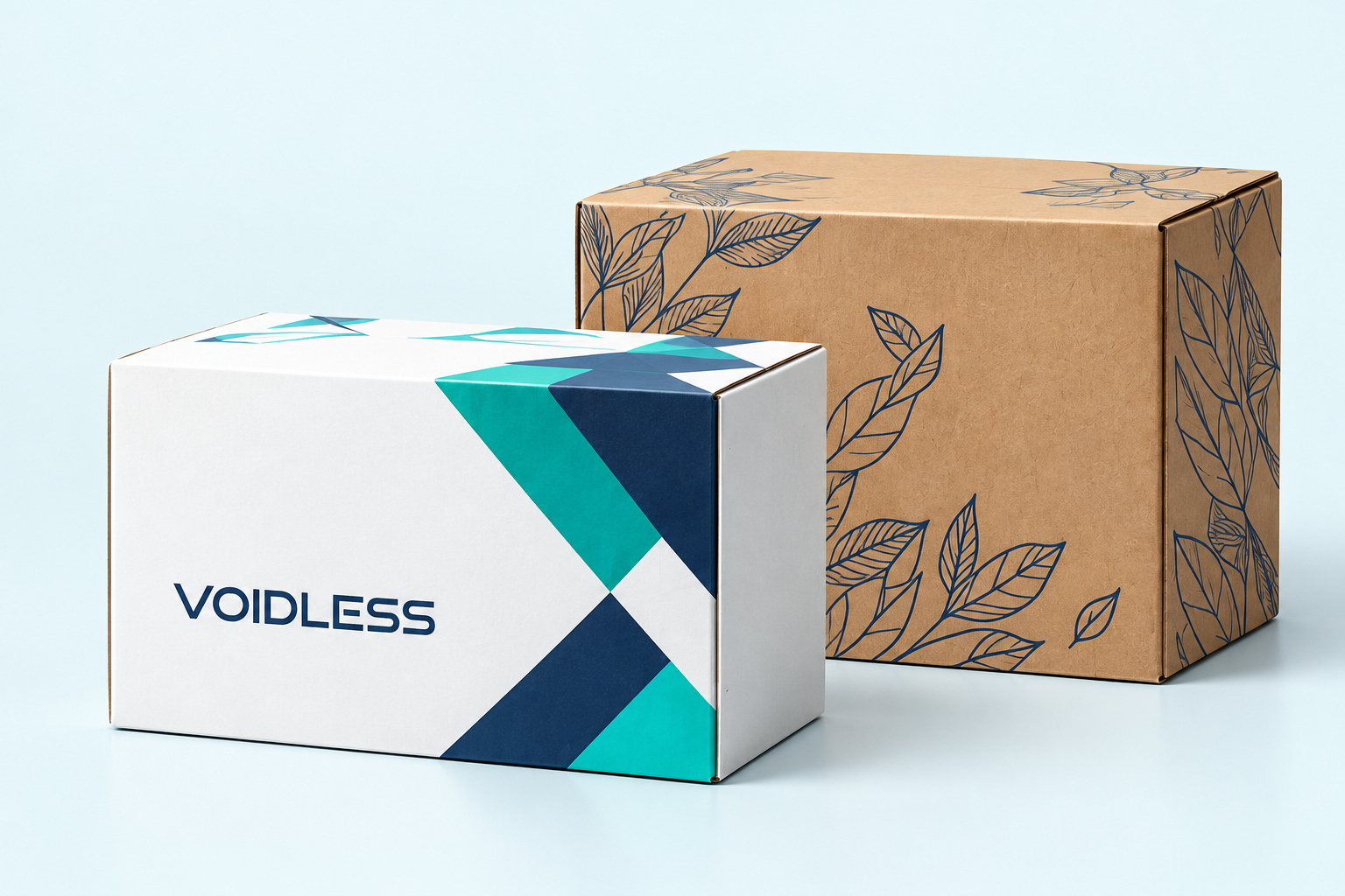 Scatole personalizzate con logo Voidless, grafiche geometriche e stampa botanica